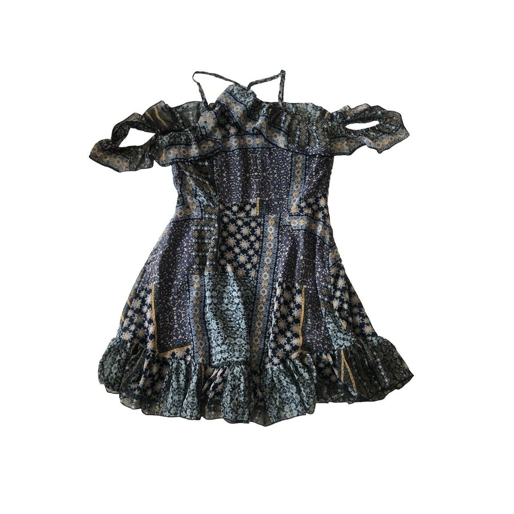 Romeo Juliet Couture Womens Dress High Neck Cold Shoulder Blue Patchwork Medium